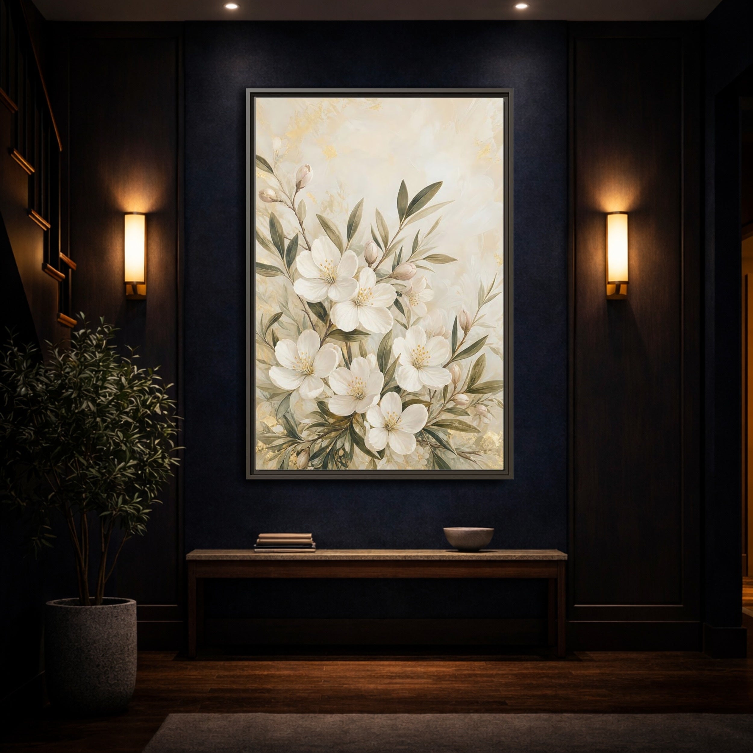 Mockup 4. Floral White Flowers Cream Gold Floral shown as stretched canvas wall art