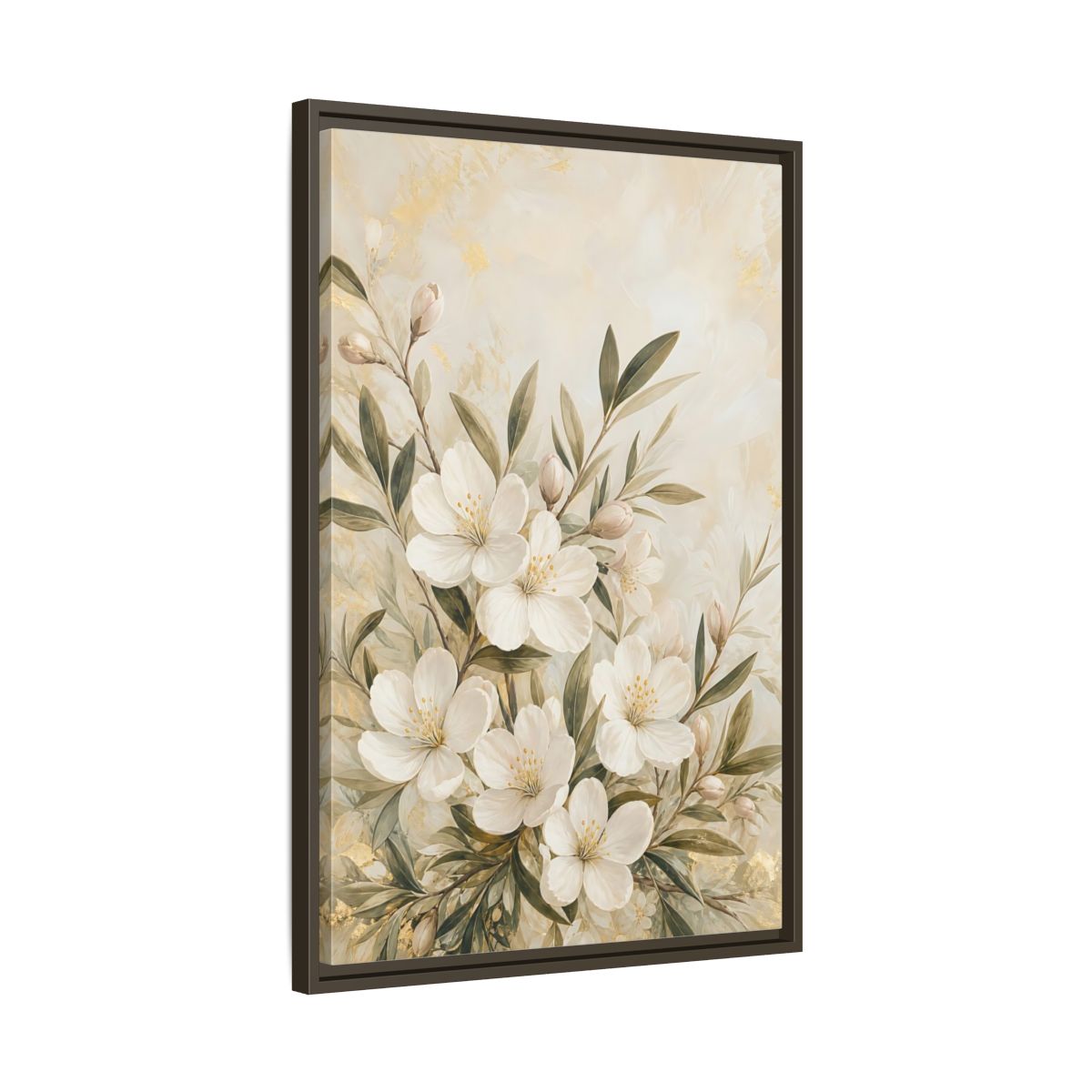 Side Mockup 11. Floral White Flowers Cream Gold Floral shown as stretched canvas wall art