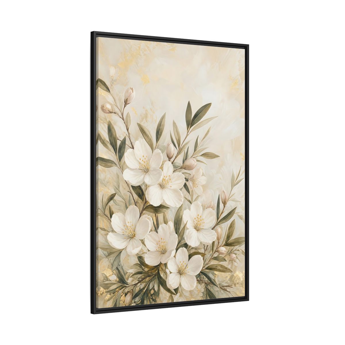Side Mockup 12. Floral White Flowers Cream Gold Floral shown as stretched canvas wall art
