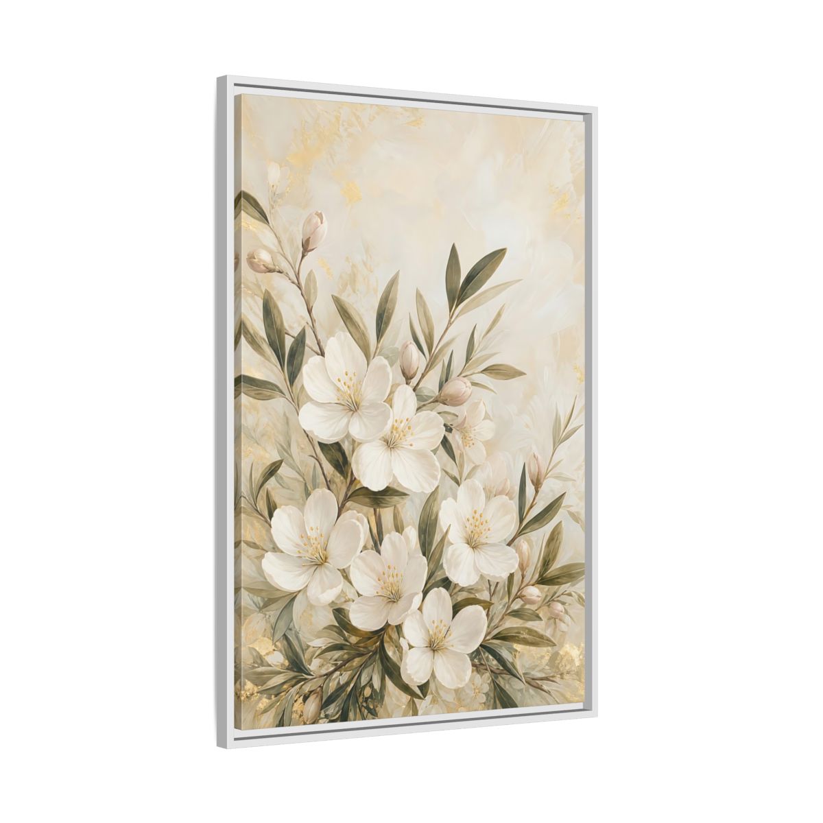 Side Mockup 9. Floral White Flowers Cream Gold Floral shown as stretched canvas wall art