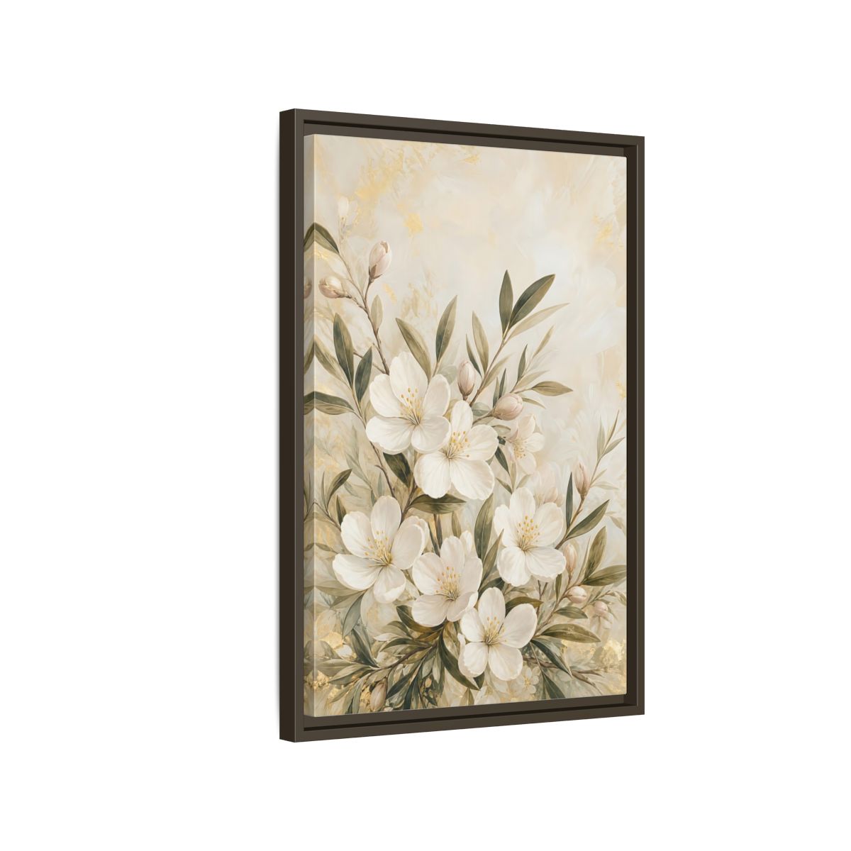 Side Mockup 2. Floral White Flowers Cream Gold Floral shown as stretched canvas wall art