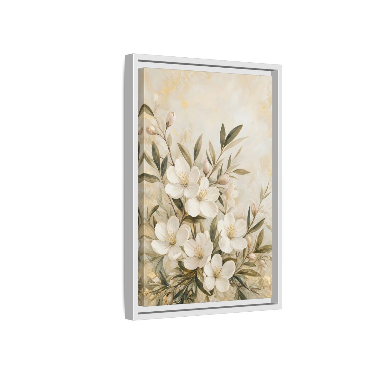 Side Mockup 4. Floral White Flowers Cream Gold Floral shown as stretched canvas wall art