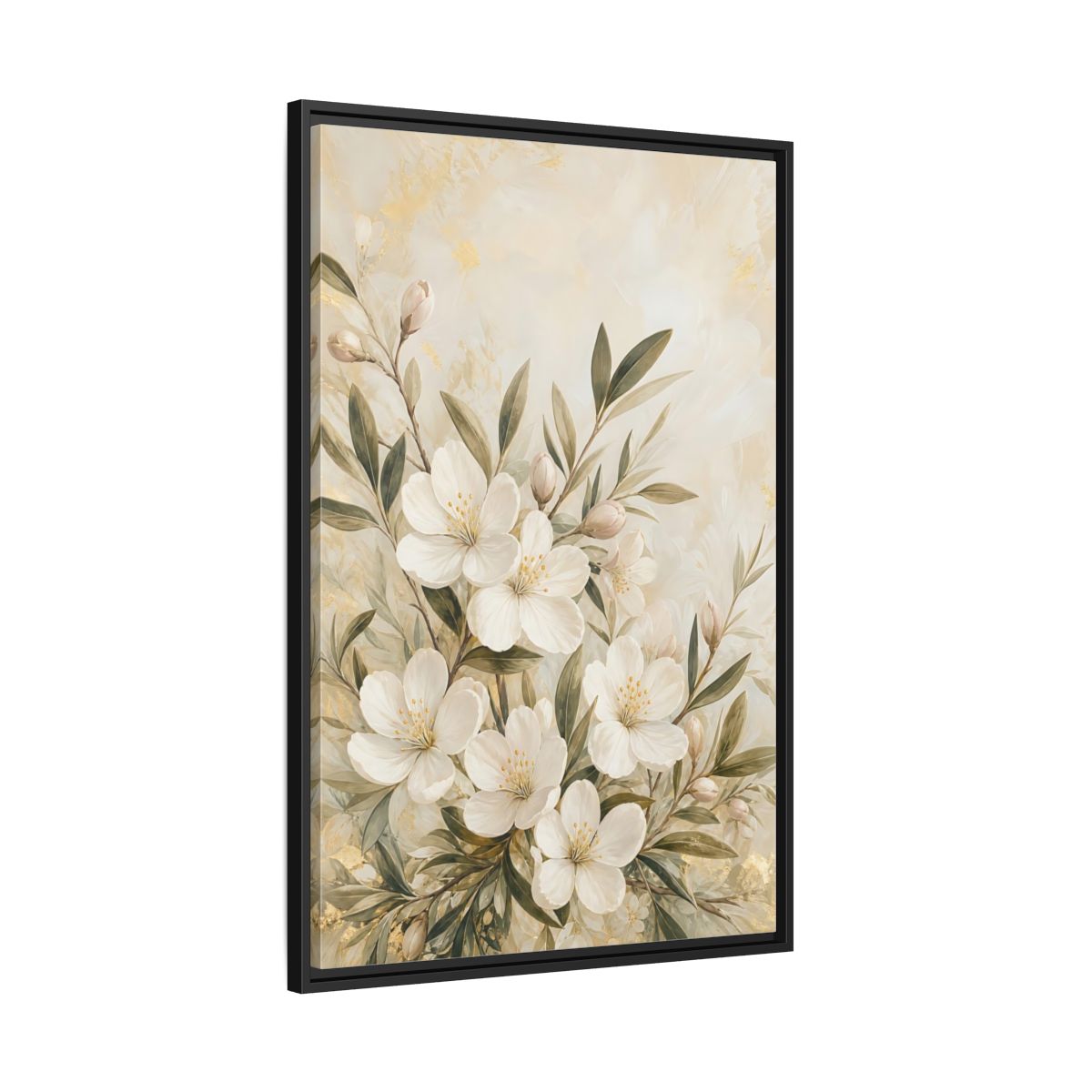 Side Mockup 13. Floral White Flowers Cream Gold Floral shown as stretched canvas wall art
