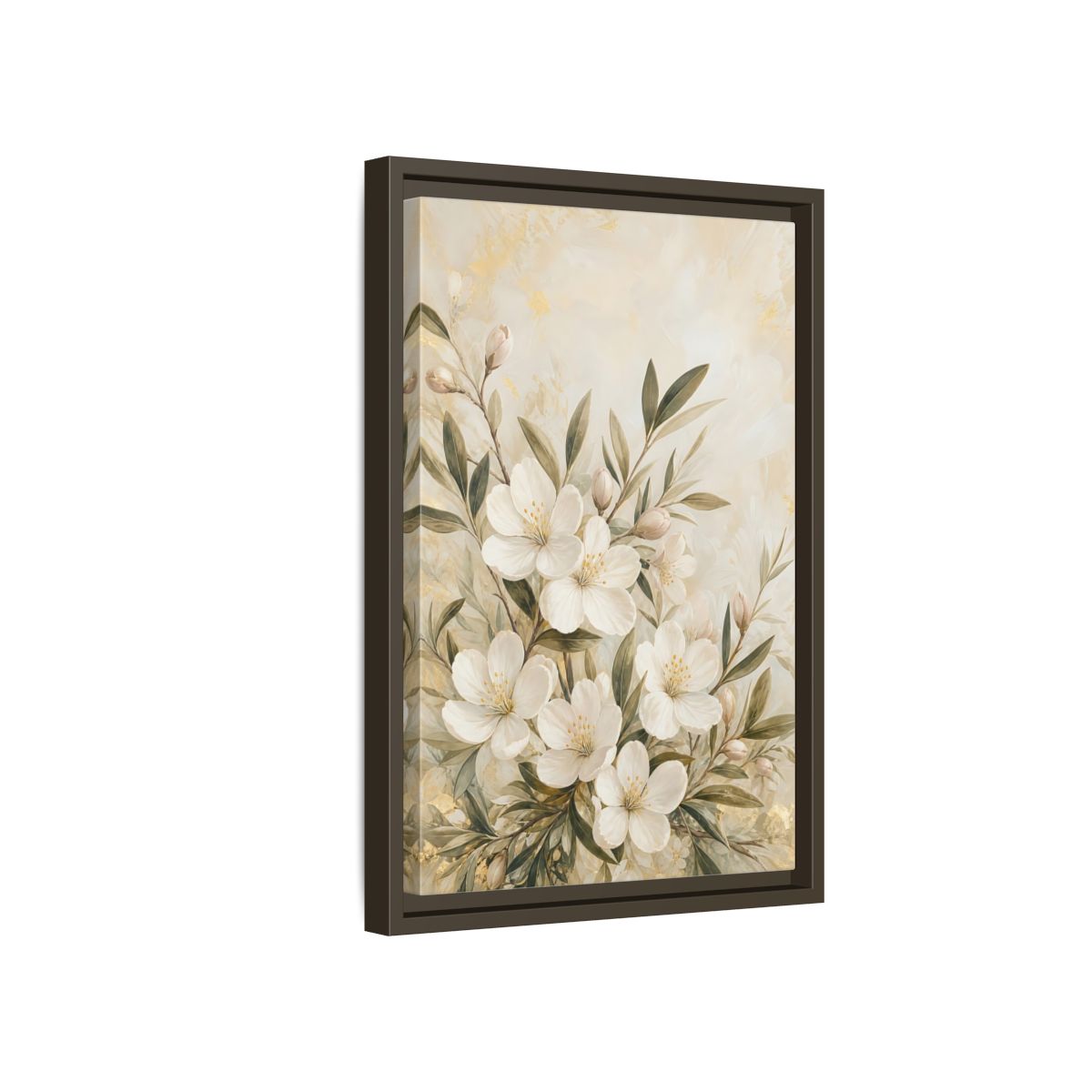 Side Mockup 5. Floral White Flowers Cream Gold Floral shown as stretched canvas wall art