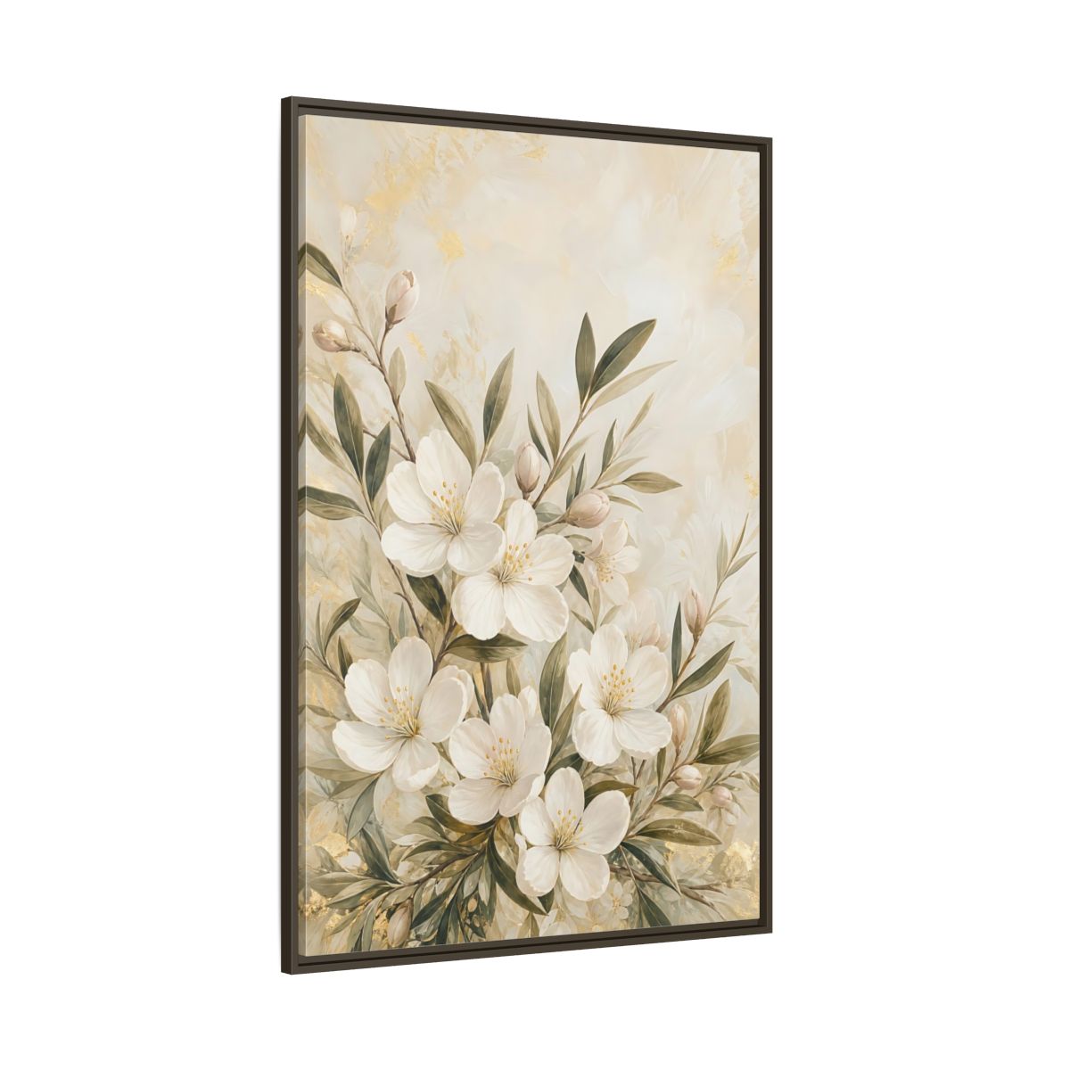 Side Mockup 8. Floral White Flowers Cream Gold Floral shown as stretched canvas wall art