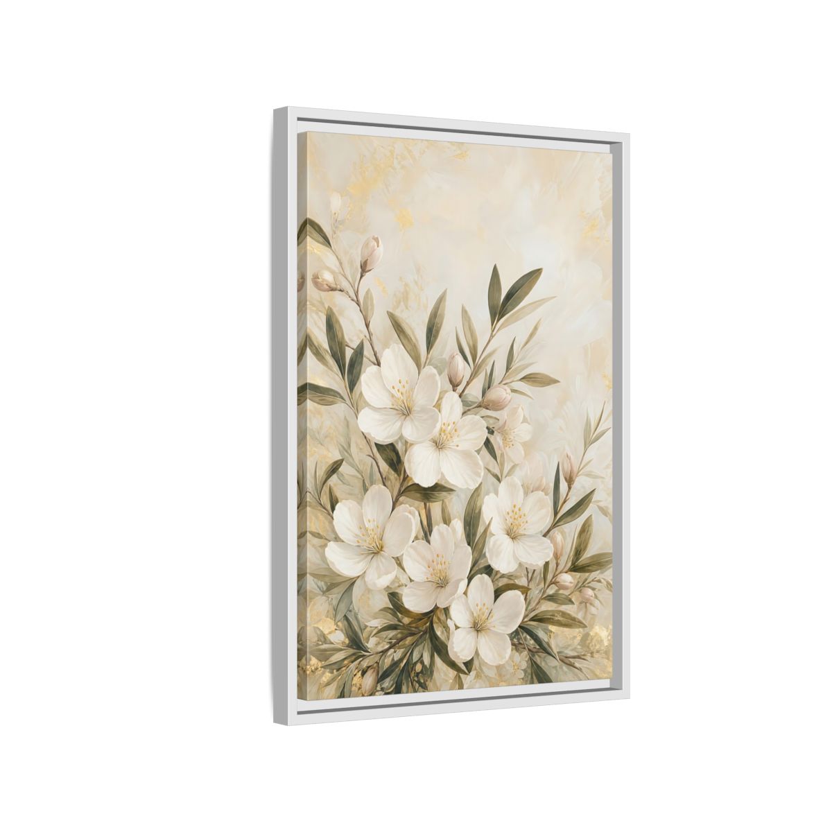 Side Mockup 1. Floral White Flowers Cream Gold Floral shown as stretched canvas wall art