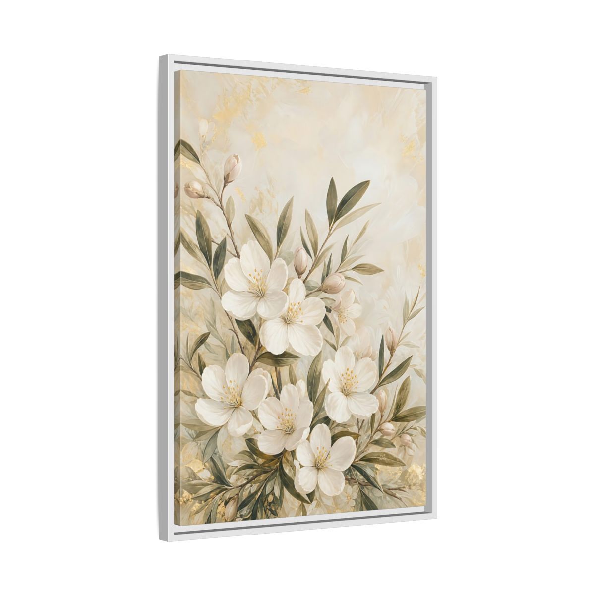 Side Mockup 10. Floral White Flowers Cream Gold Floral shown as stretched canvas wall art