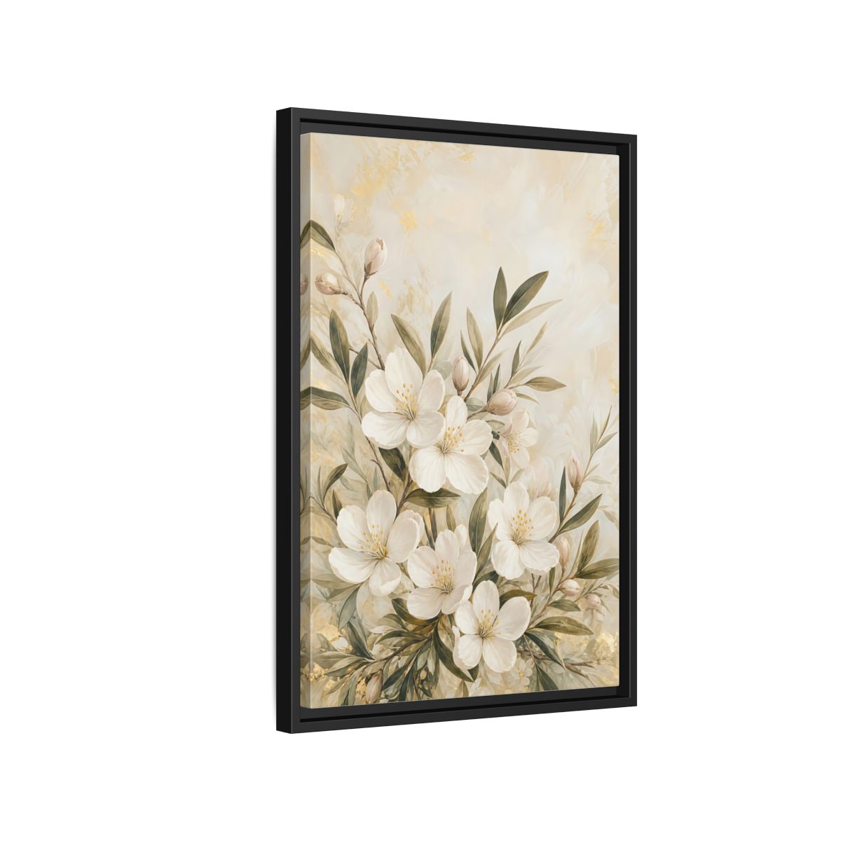 Side Mockup 3. Floral White Flowers Cream Gold Floral shown as stretched canvas wall art