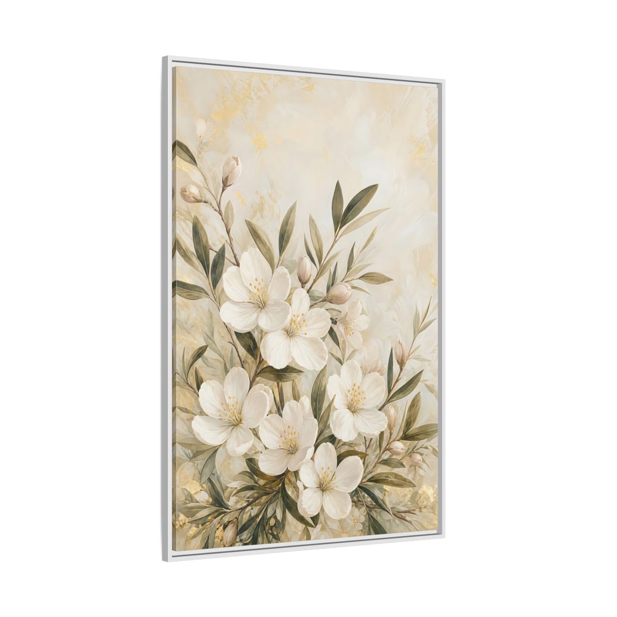 Side Mockup 7. Floral White Flowers Cream Gold Floral shown as stretched canvas wall art