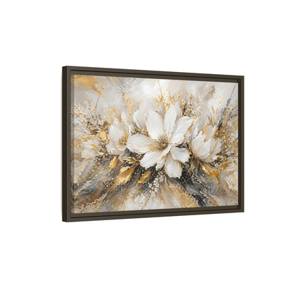 Side Mockup 2. Floral White Flowers White Gold Abstract shown as stretched canvas wall art