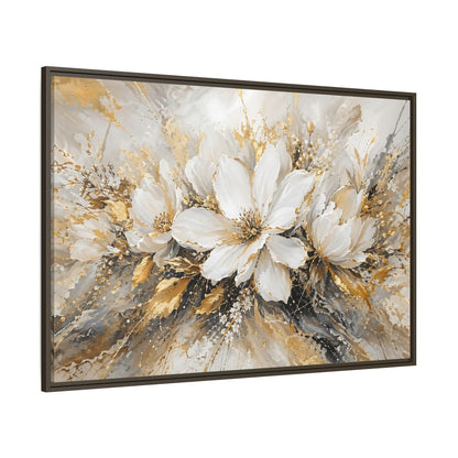 Side Mockup 8. Floral White Flowers White Gold Abstract shown as stretched canvas wall art