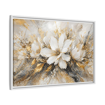 Side Mockup 10. Floral White Flowers White Gold Abstract shown as stretched canvas wall art