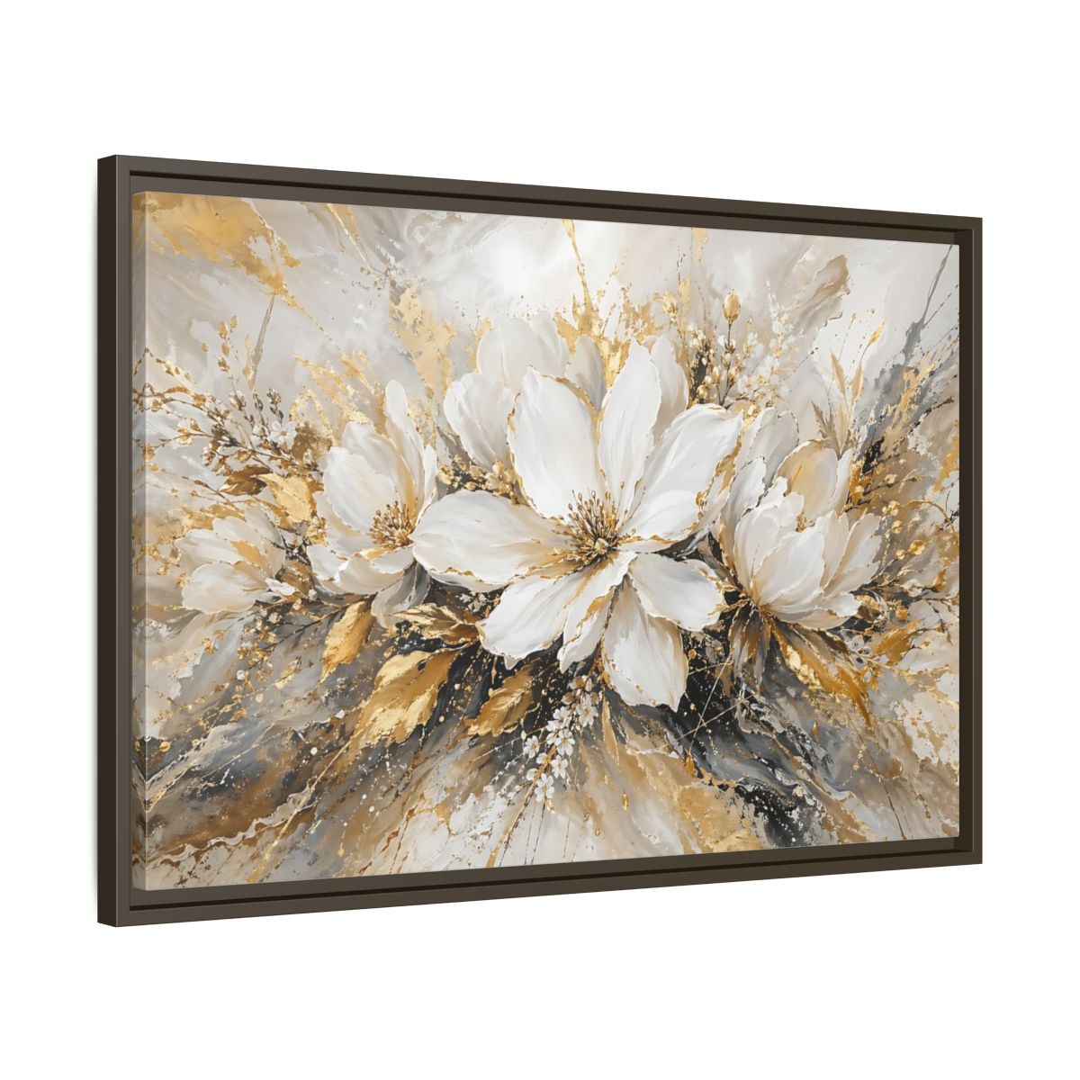 Side Mockup 11. Floral White Flowers White Gold Abstract shown as stretched canvas wall art