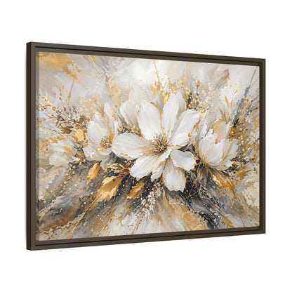 Side Mockup 11. Floral White Flowers White Gold Abstract shown as stretched canvas wall art