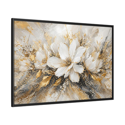 Side Mockup 12. Floral White Flowers White Gold Abstract shown as stretched canvas wall art