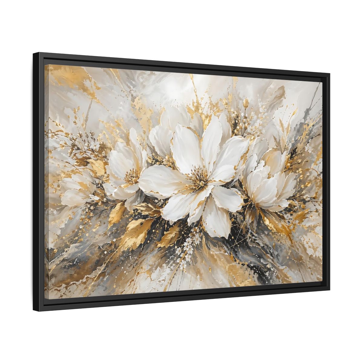 Side Mockup 14. Floral White Flowers White Gold Abstract shown as stretched canvas wall art