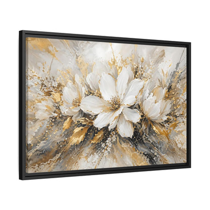 Side Mockup 14. Floral White Flowers White Gold Abstract shown as stretched canvas wall art