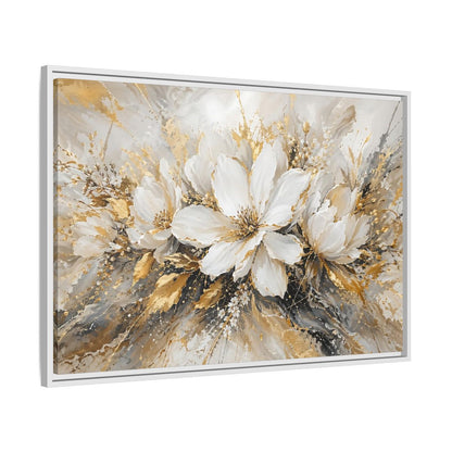 Side Mockup 9. Floral White Flowers White Gold Abstract shown as stretched canvas wall art