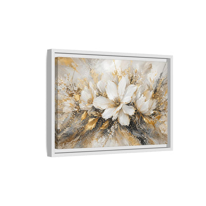 Side Mockup 4. Floral White Flowers White Gold Abstract shown as stretched canvas wall art
