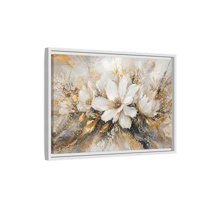 Side Mockup 1. Floral White Flowers White Gold Abstract shown as stretched canvas wall art