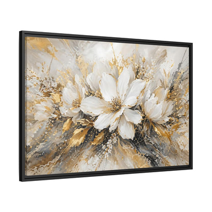 Side Mockup 13. Floral White Flowers White Gold Abstract shown as stretched canvas wall art