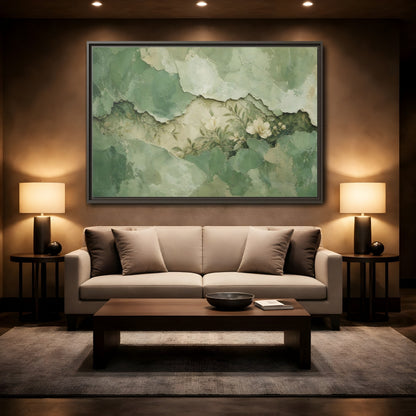 Mockup 2. Floral White Flowers Green Floral shown as stretched canvas wall art