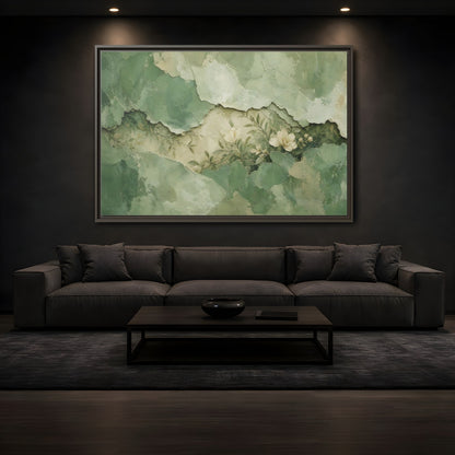 Mockup 3. Floral White Flowers Green Floral shown as stretched canvas wall art