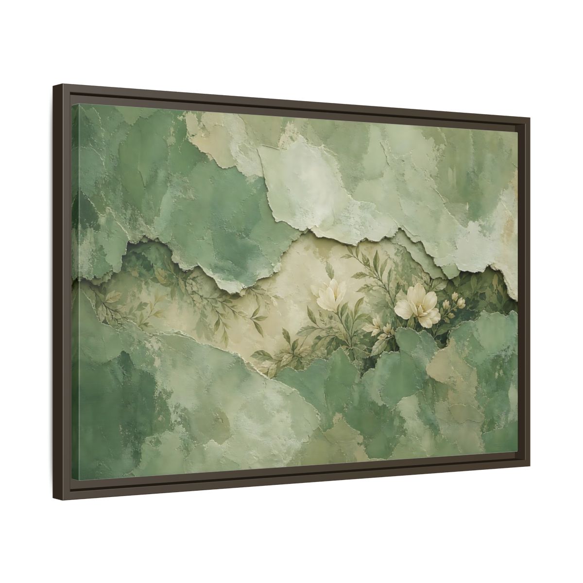 Side Mockup 11. Floral White Flowers Green Floral shown as stretched canvas wall art
