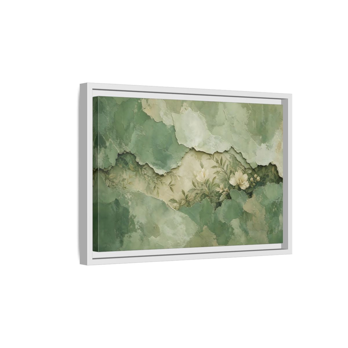 Side Mockup 4. Floral White Flowers Green Floral shown as stretched canvas wall art