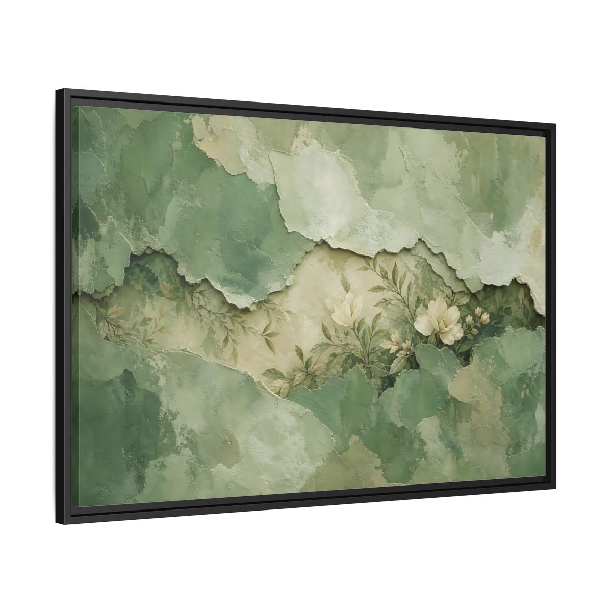 Side Mockup 13. Floral White Flowers Green Floral shown as stretched canvas wall art