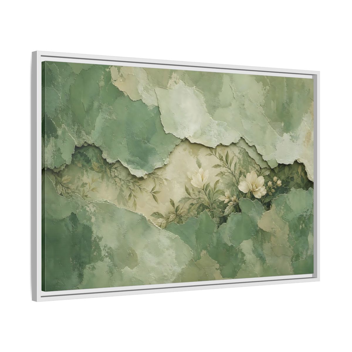 Side Mockup 9. Floral White Flowers Green Floral shown as stretched canvas wall art