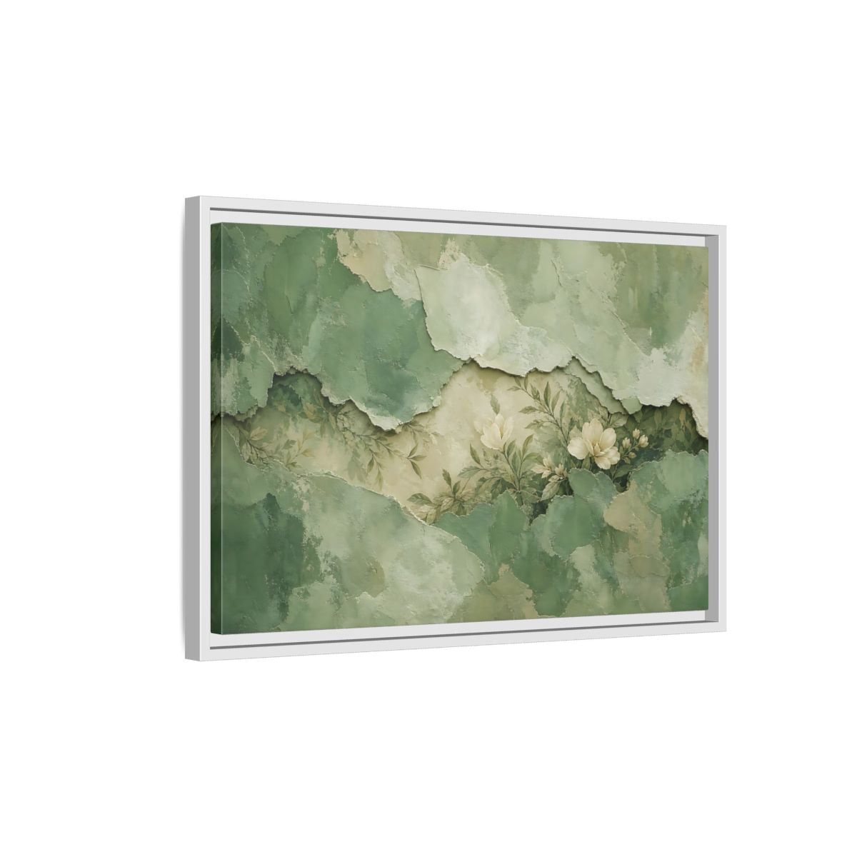 Side Mockup 1. Floral White Flowers Green Floral shown as stretched canvas wall art