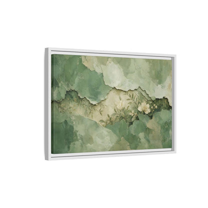 Side Mockup 1. Floral White Flowers Green Floral shown as stretched canvas wall art
