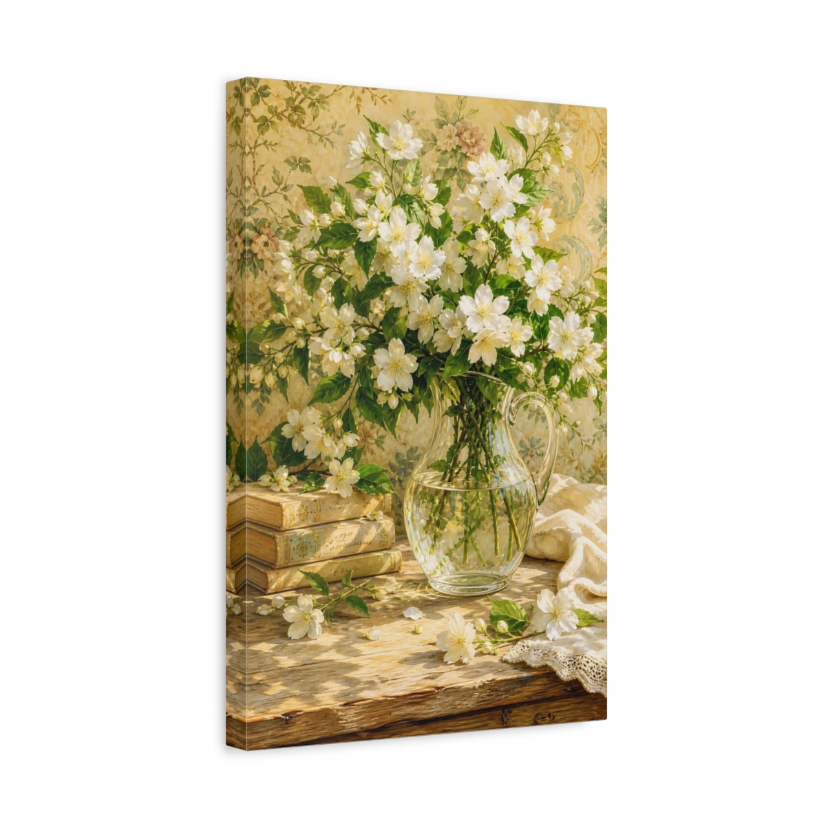 Side Mockup 4. Floral White Flowers White Floral Still Life shown as stretched canvas wall art