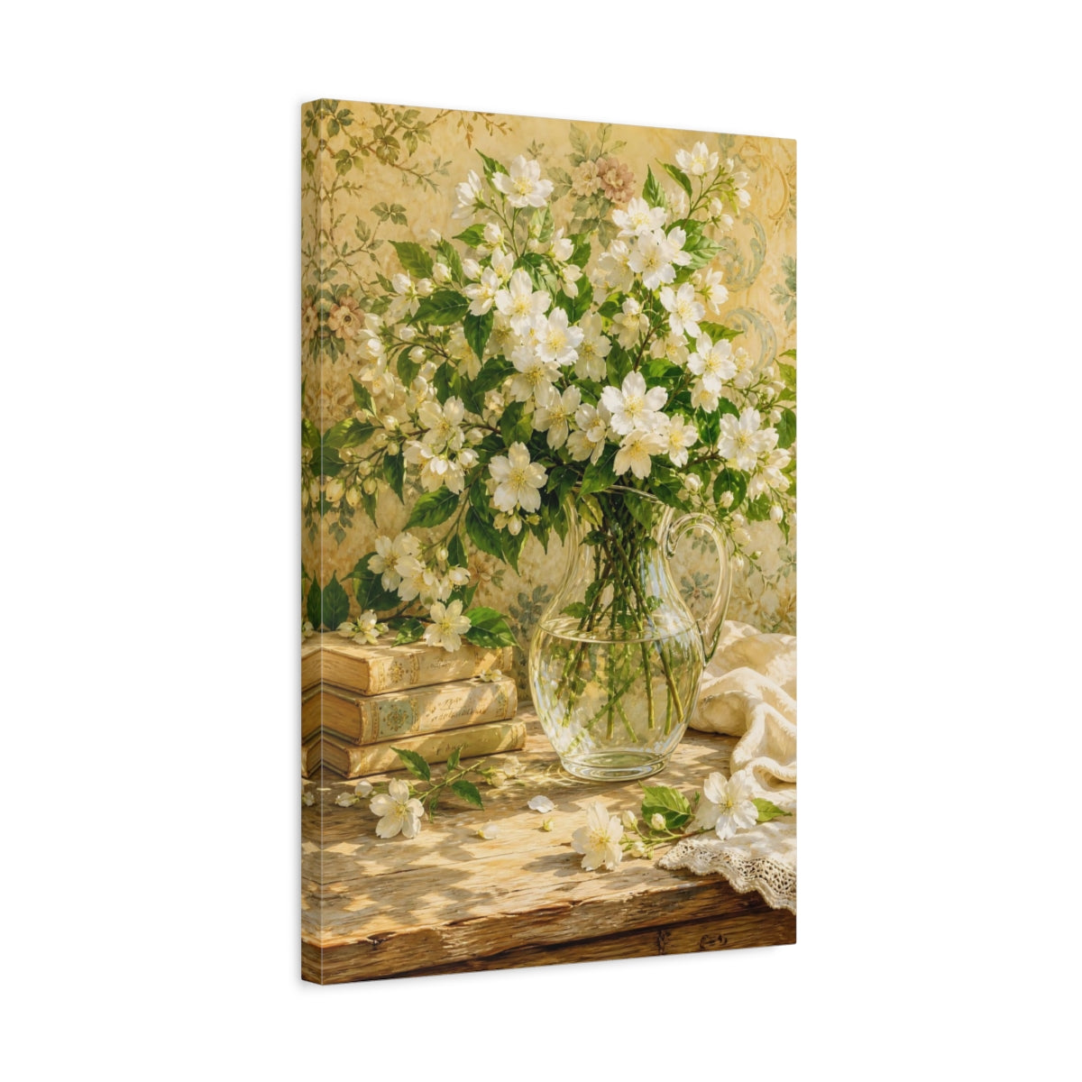 Side Mockup 3. Floral White Flowers White Floral Still Life shown as stretched canvas wall art