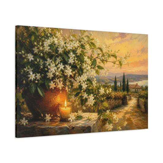 Main Mockup. Floral White Flowers Warm Floral Landscape shown as stretched canvas wall art