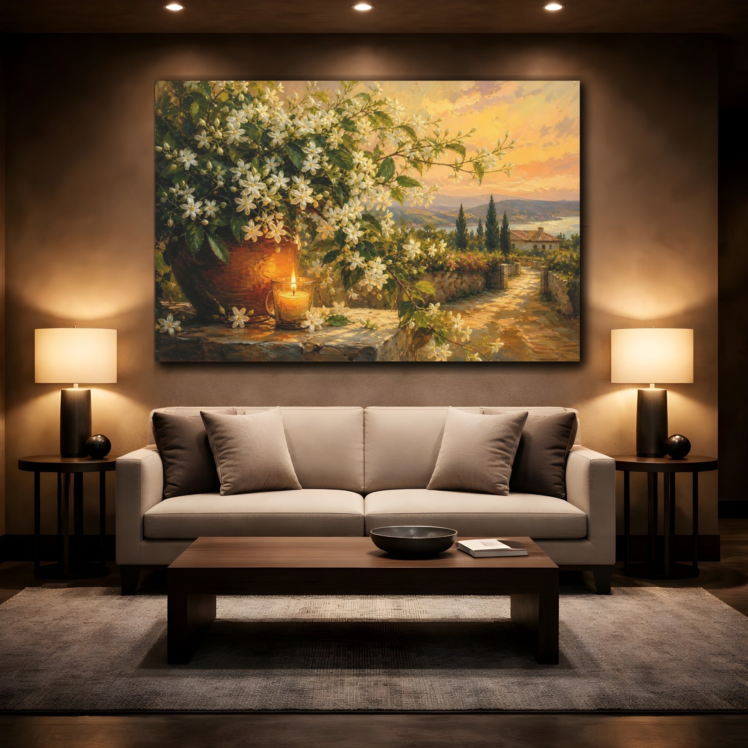 Mockup 2. Floral White Flowers Warm Floral Landscape shown as stretched canvas wall art