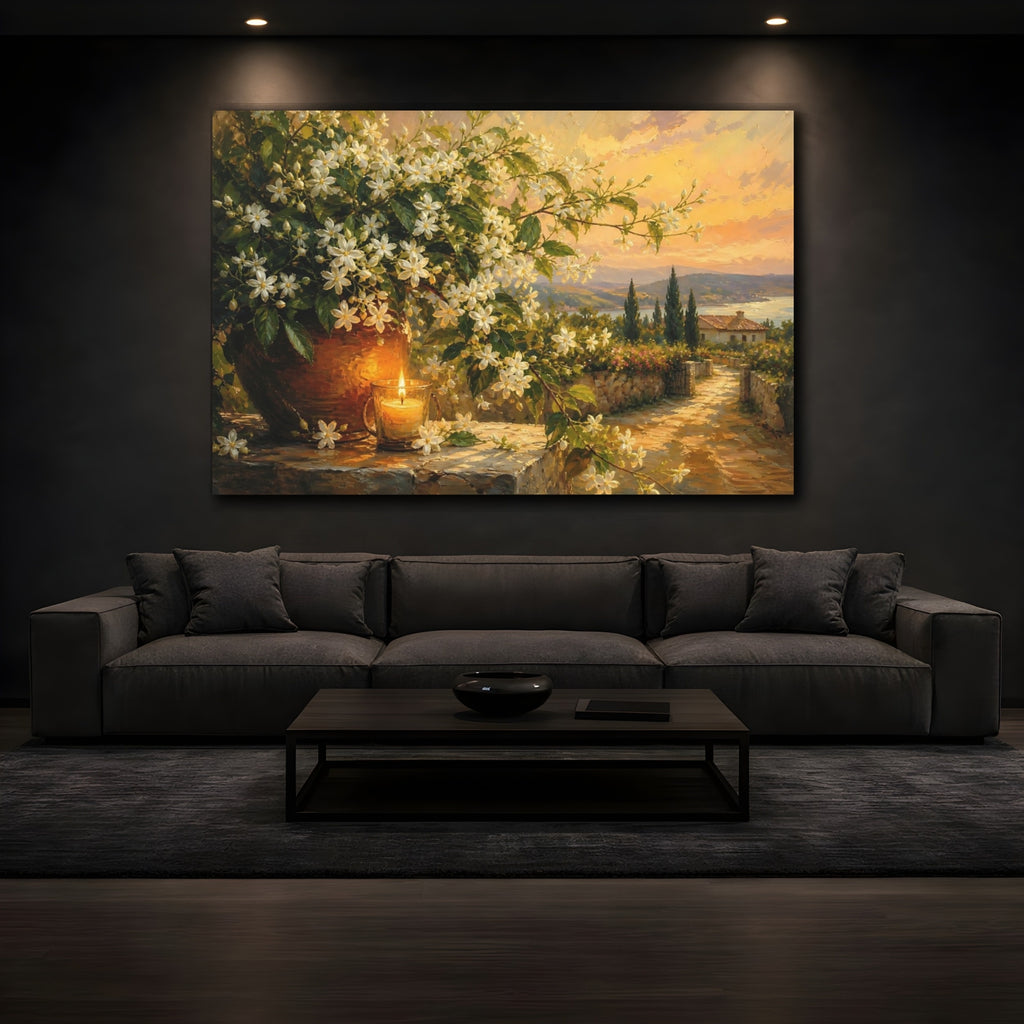 Mockup 3. Floral White Flowers Warm Floral Landscape shown as stretched canvas wall art