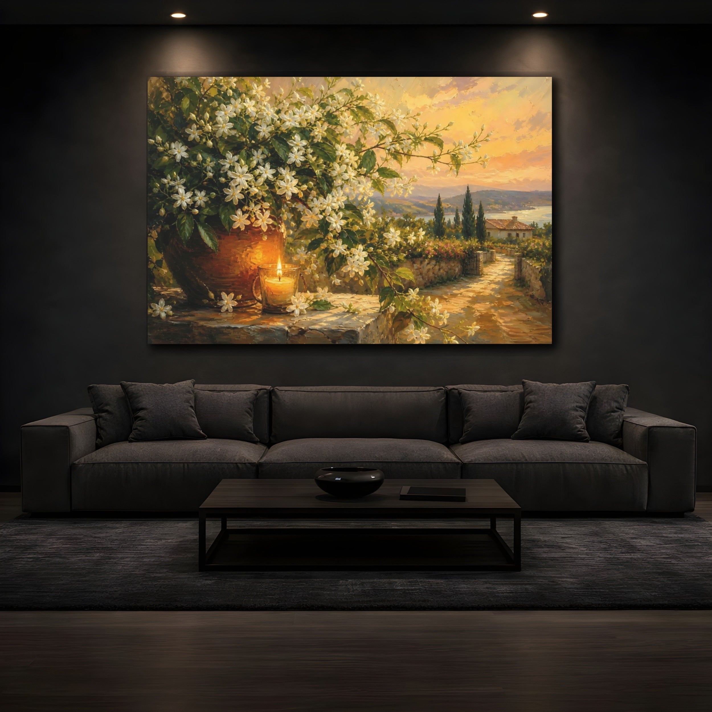 Mockup 3. Floral White Flowers Warm Floral Landscape shown as stretched canvas wall art