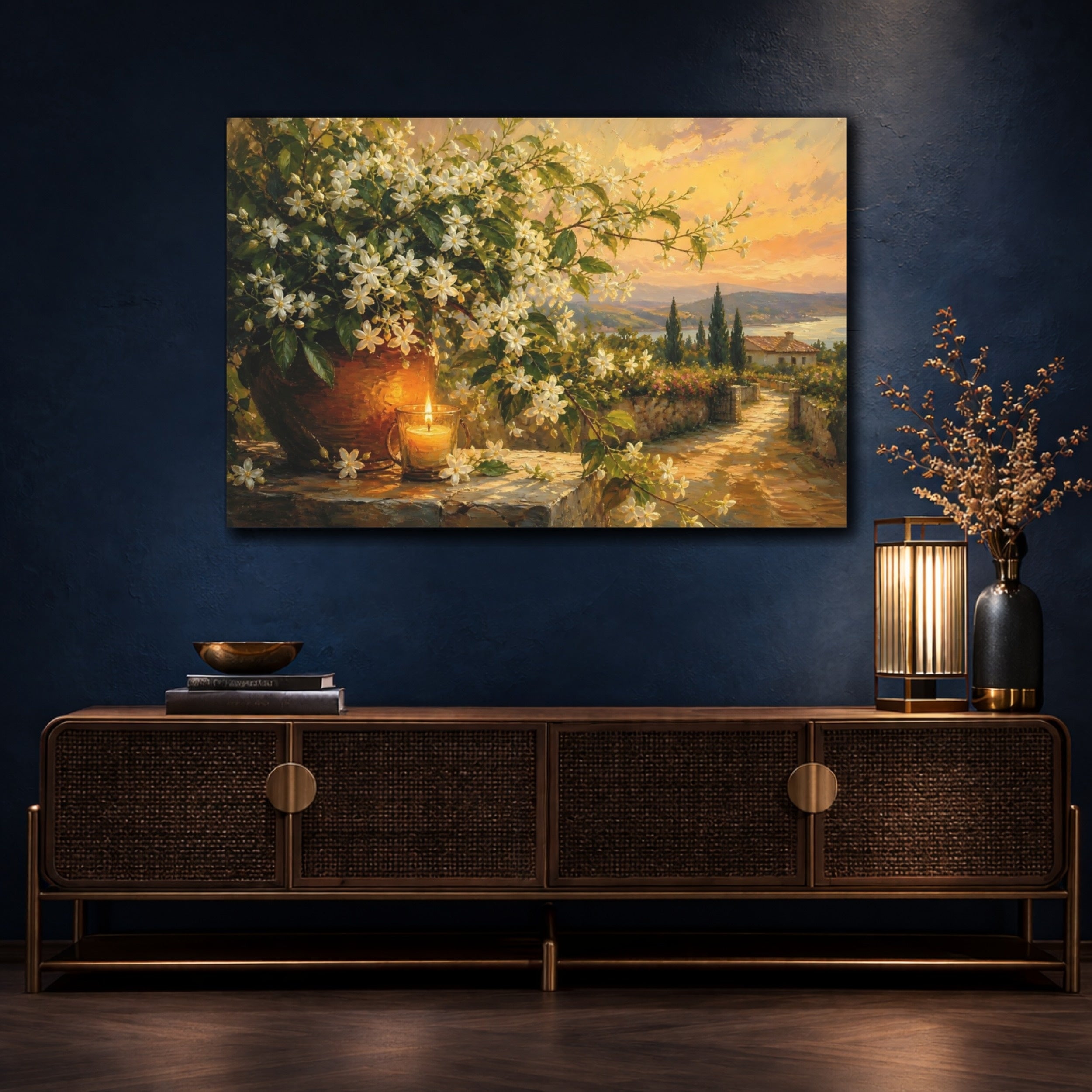 Mockup 4. Floral White Flowers Warm Floral Landscape shown as stretched canvas wall art