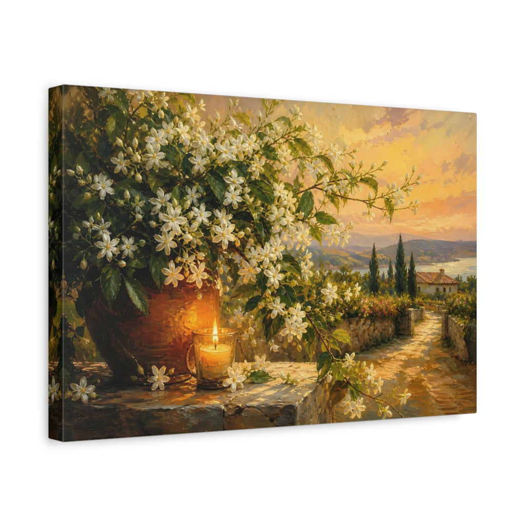 Side Mockup 4. Floral White Flowers Warm Floral Landscape shown as stretched canvas wall art