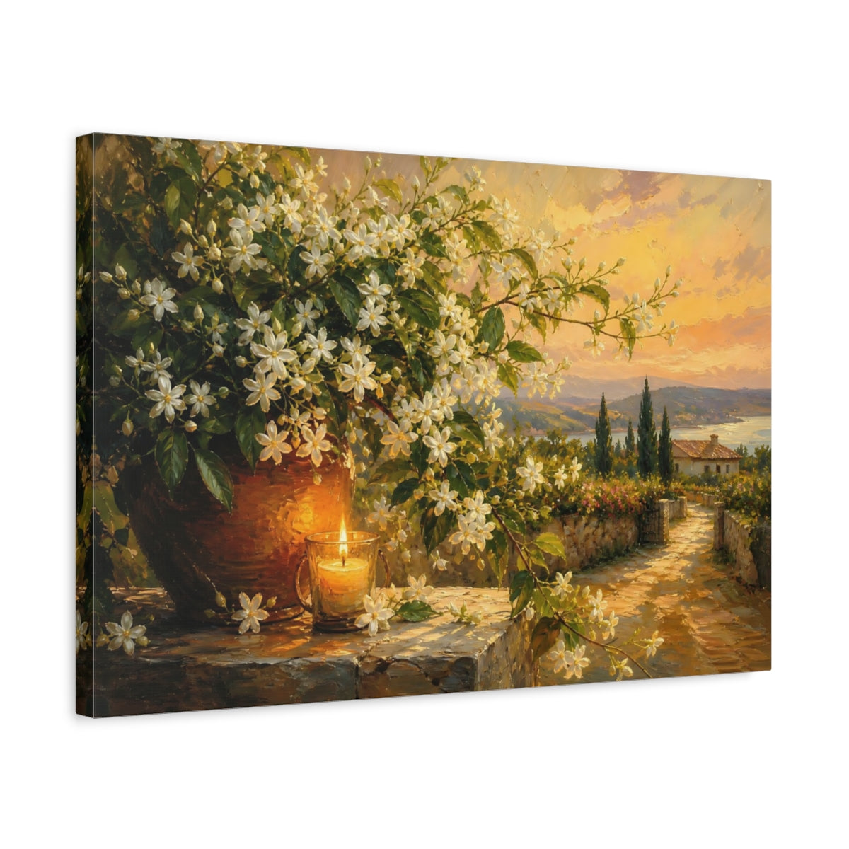 Side Mockup 3. Floral White Flowers Warm Floral Landscape shown as stretched canvas wall art