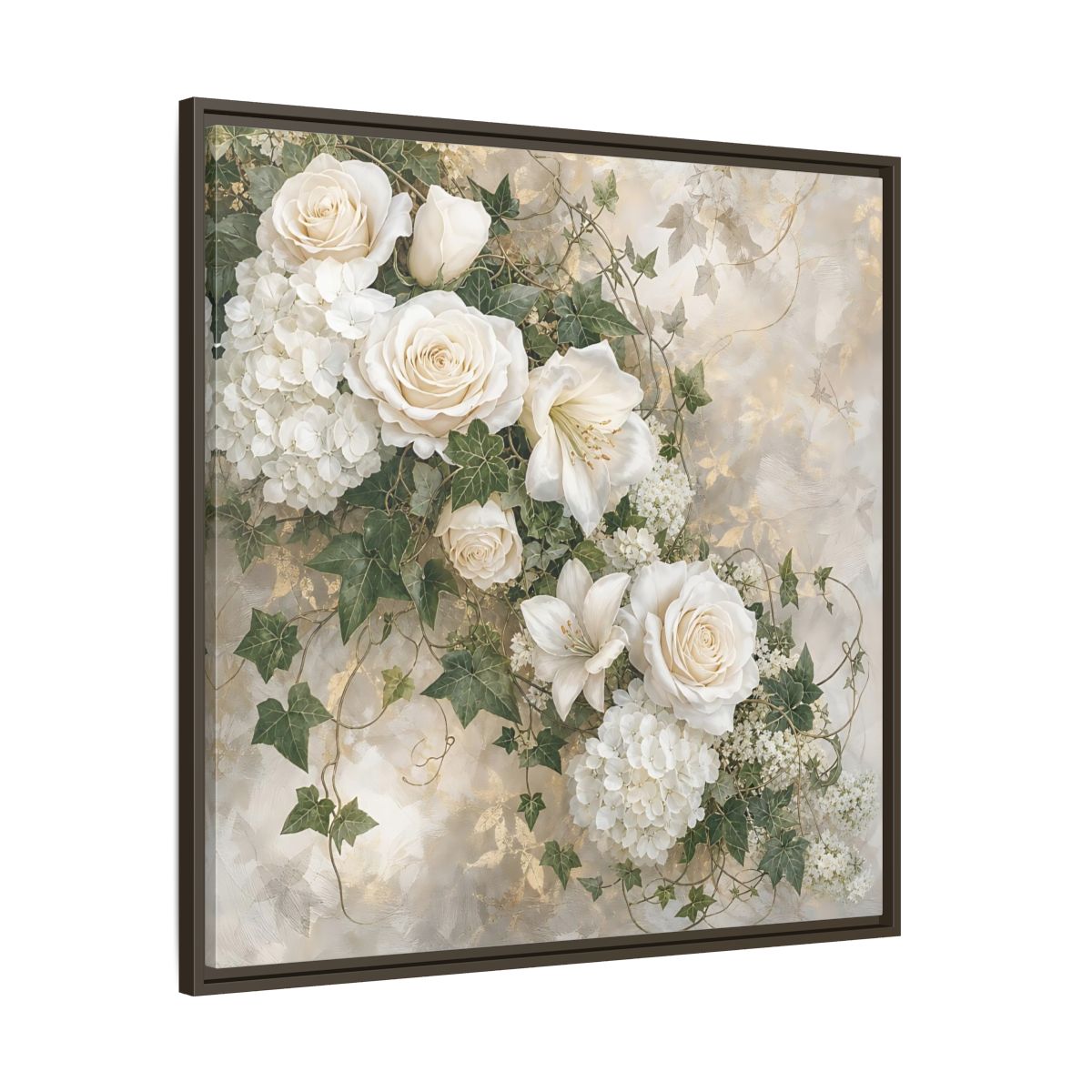 Main Mockup. Floral White Flowers White And Gold shown as stretched canvas wall art