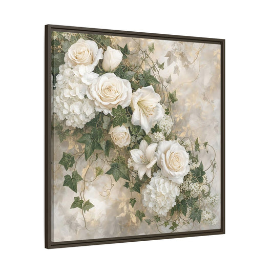 Main Mockup. Floral White Flowers White And Gold shown as stretched canvas wall art