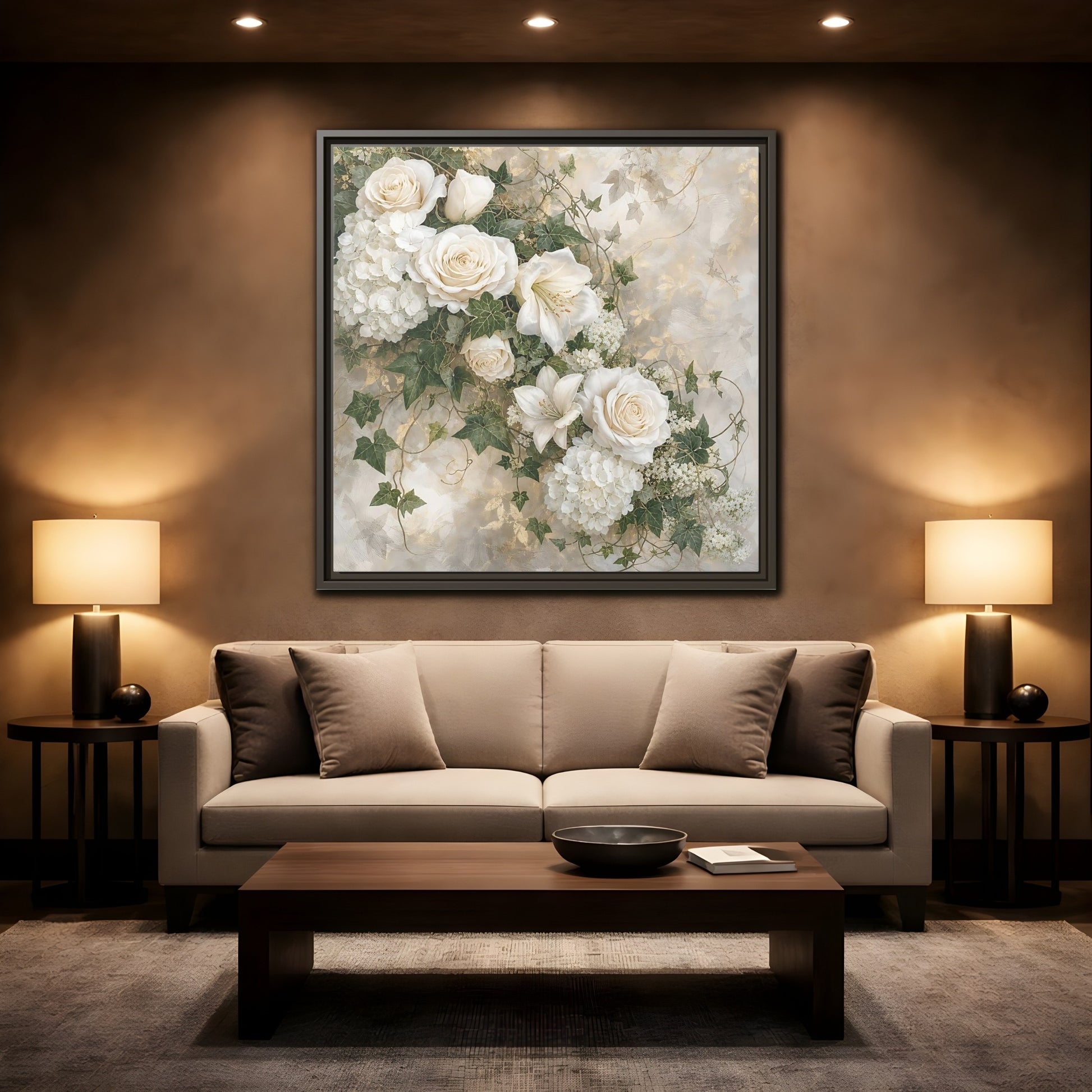 Mockup 2. Floral White Flowers White And Gold shown as stretched canvas wall art
