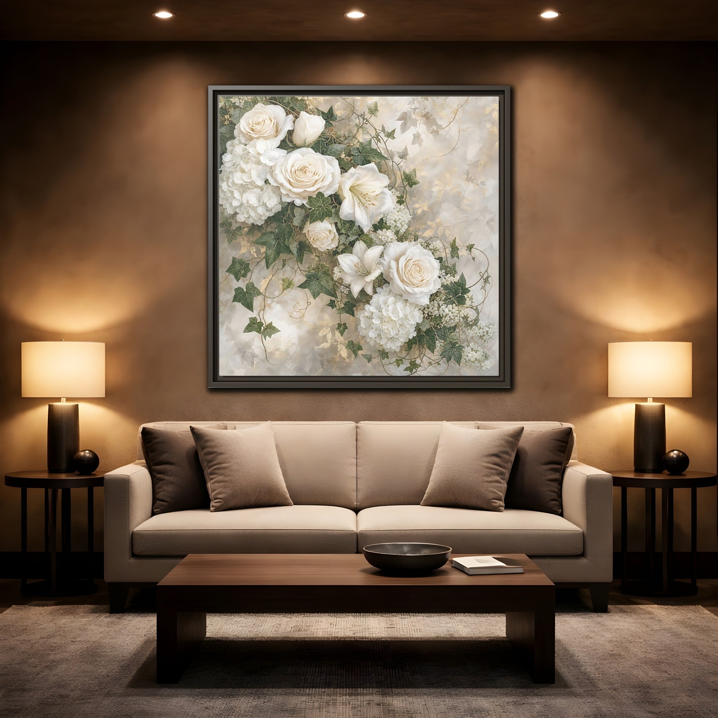 Mockup 2. Floral White Flowers White And Gold shown as stretched canvas wall art