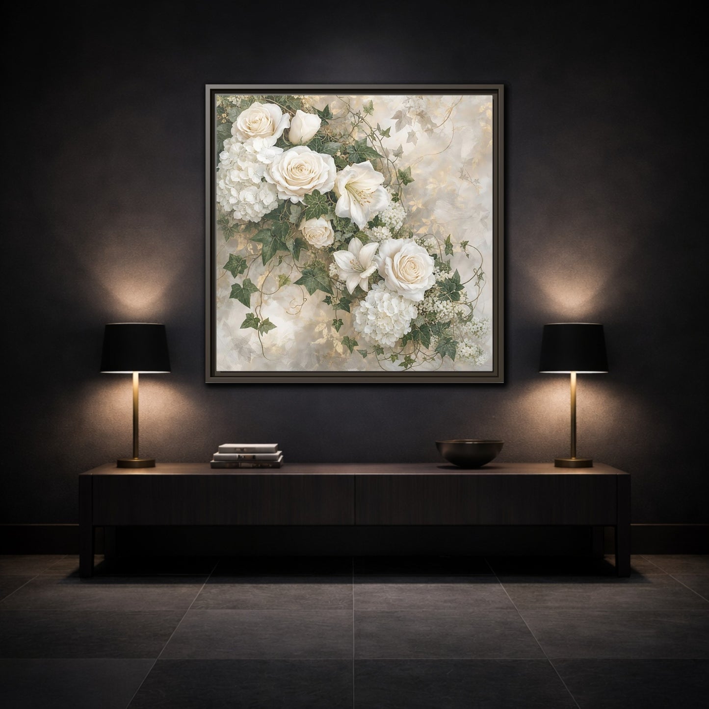 Mockup 3. Floral White Flowers White And Gold shown as stretched canvas wall art