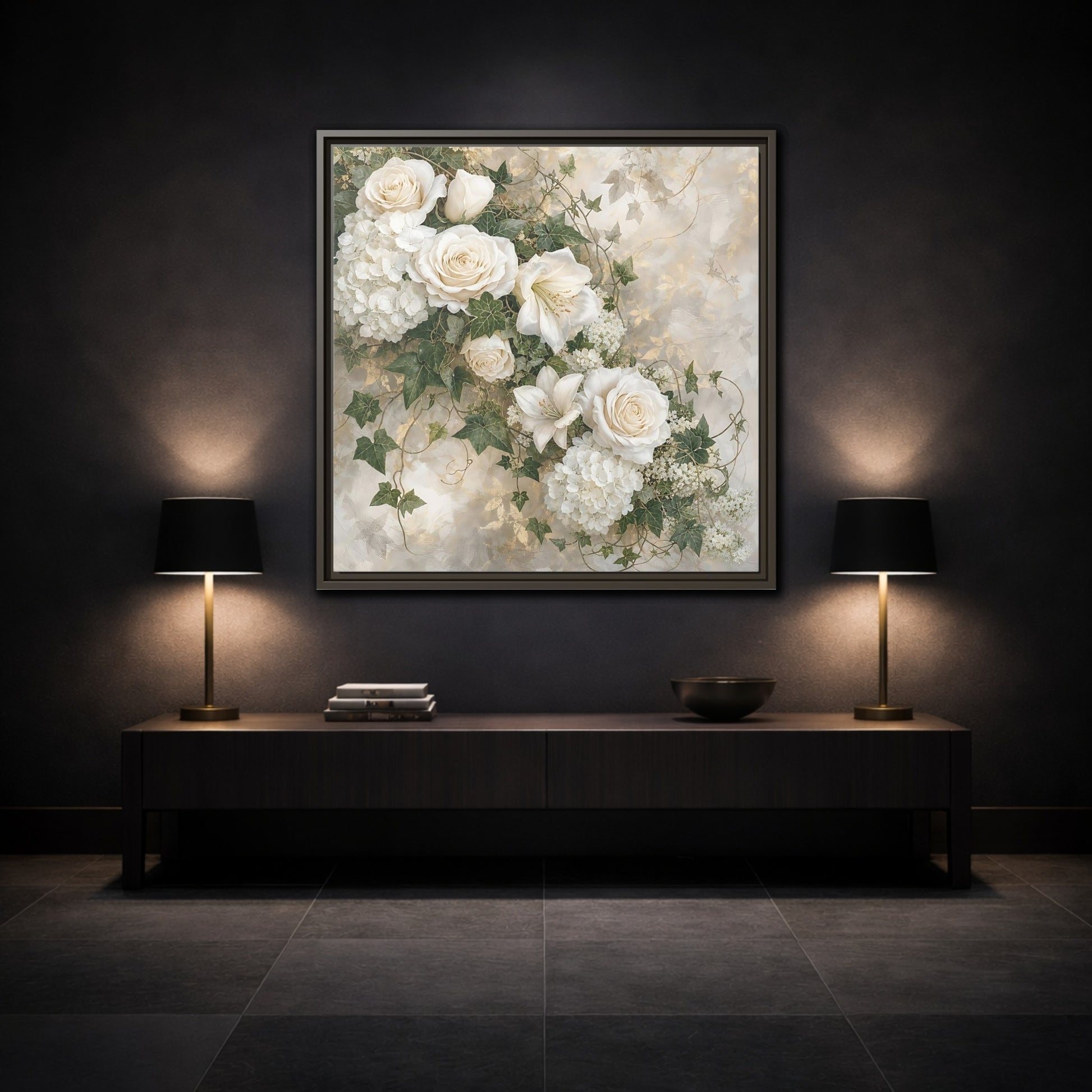 Mockup 3. Floral White Flowers White And Gold shown as stretched canvas wall art