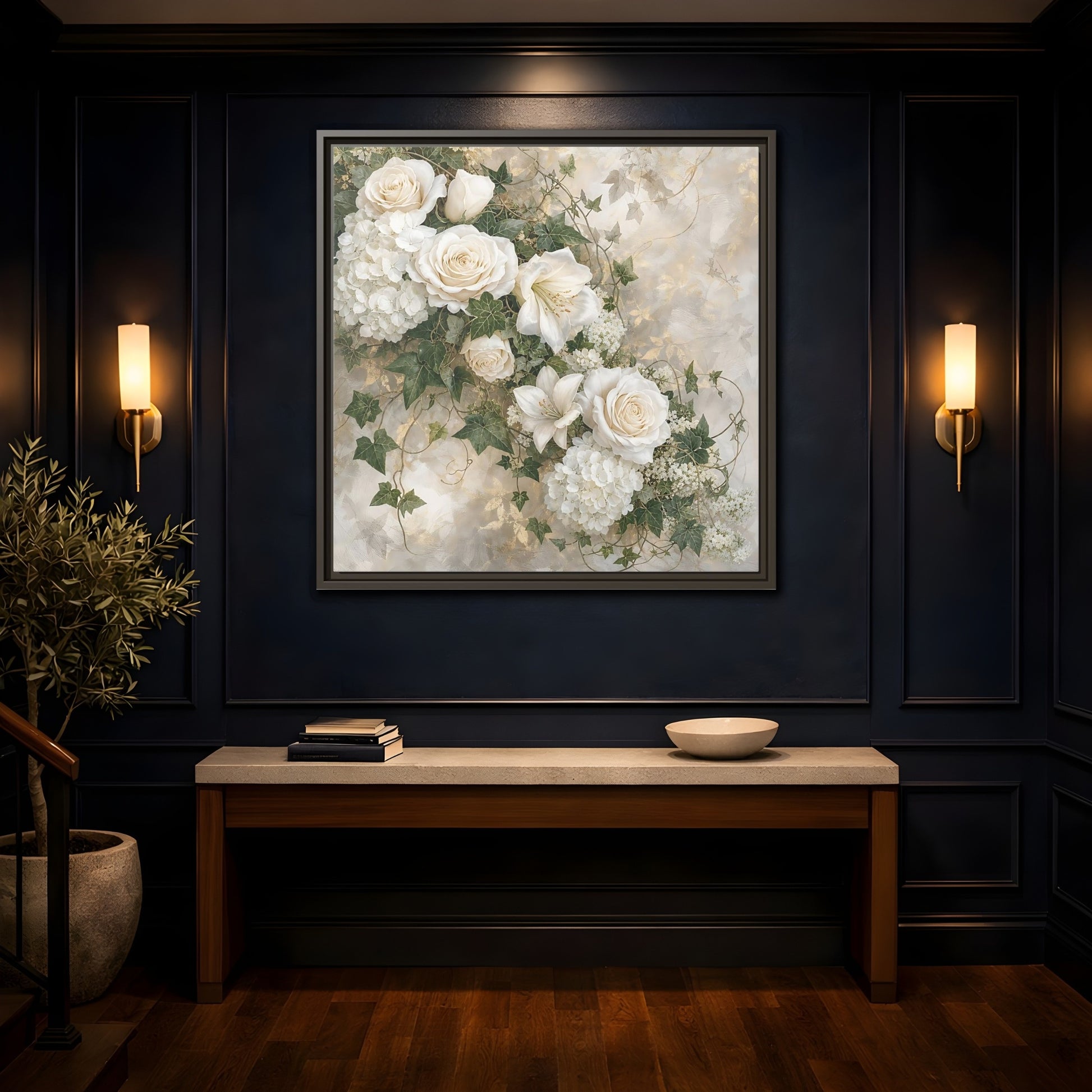 Mockup 4. Floral White Flowers White And Gold shown as stretched canvas wall art