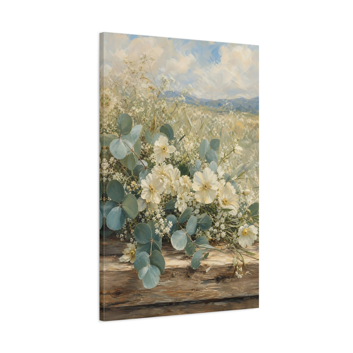 Main Mockup. Floral White Flowers White And Green shown as stretched canvas wall art